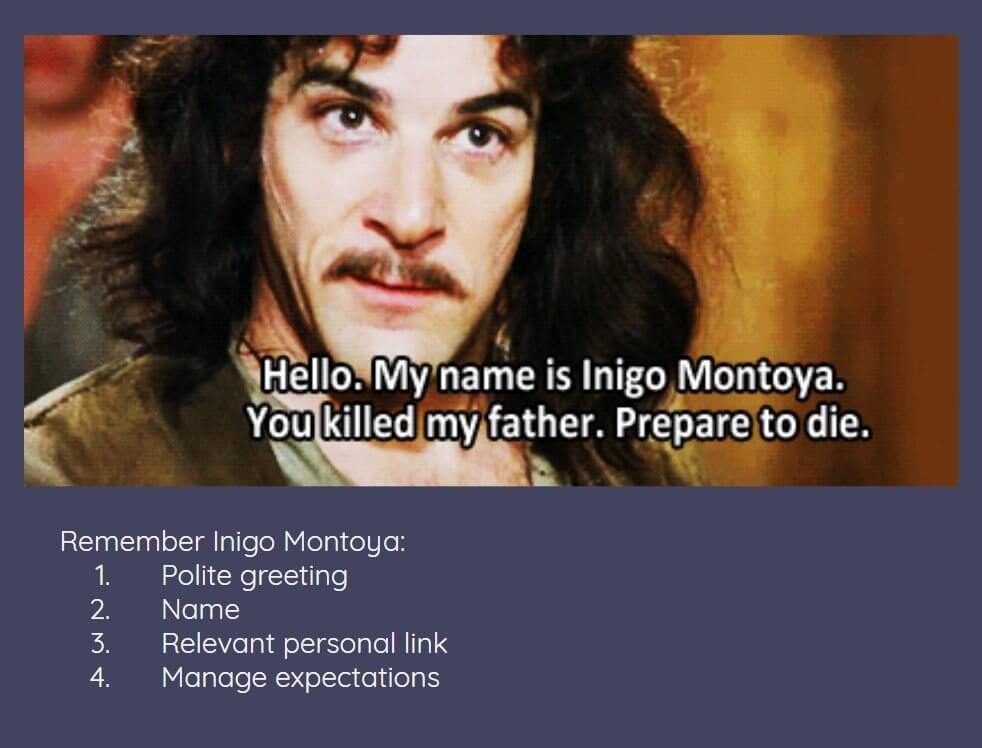 Hello. My name is Inigo Montoya. You killed my father. Prepare to die. Remember Inigo Montoya: Polite greeting, name, relevant personal link, manage expectations.