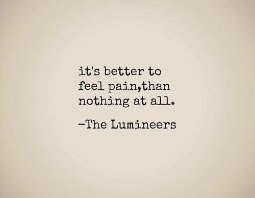 "It's better to feel pain, than nothing at all. The opposite of love's indifference."
The Lumineers